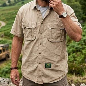 CAMEL Vintage Trophy Adventure Utility Shirt Khaki Cargo Safari Gorpcore Rare